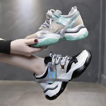 

2020 Fashion Woman Platform Chunky Sneakers Mesh Breathable Woman Lace Up Casual Shoes Tennis Female Basket Sports Old Dad Shoes