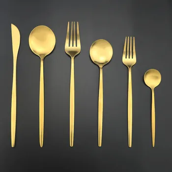 

New 6Pcs/Set Gold Matte Portable Cutlery Set Dinnerware Set With Dessert Fork Spoon 304 Stainless Steel Tableware Silverware Set