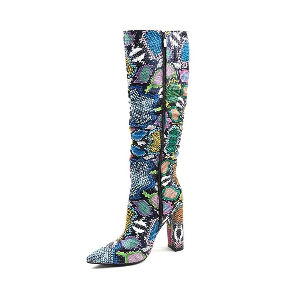 BONJOMARISA/Новинка 35-47; Женские ботинки в западном стиле со змеиным узором; Разноцветные сапоги до середины икры из искусственной кожи; женские ботинки на молнии; женская обувь на высоком каблуке - Цвет: huase snake veins
