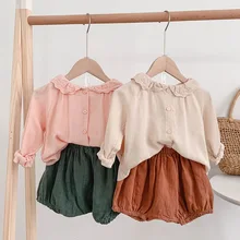 Осенний костюм для девочек, Новая корейская детская воздушная кружевная куртка, повседневные штаны, два комплекта