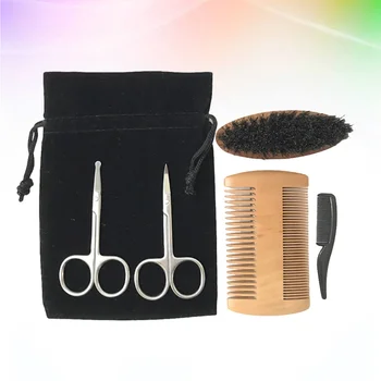 

5pcs of One Set Professional Beard Grooming Kit Beard Scissors Man Beard Comb Beard Trim Set With Box Bag for Men Adults