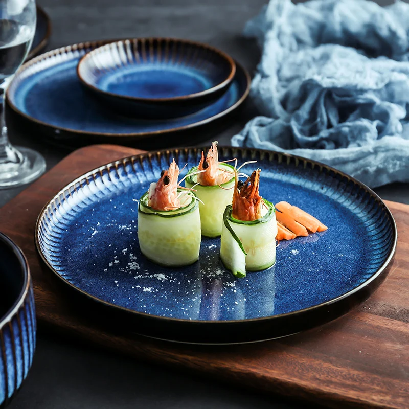 ANTOWALL Creative Nordic ceramic plate blue stripe flat plate household ceramic western pasta steak