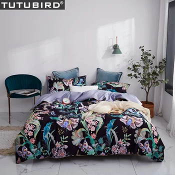 

Black floral bedding set Egyptian cotton fabric pillowcases flower print pastoral bed linen duvet cover queen king size