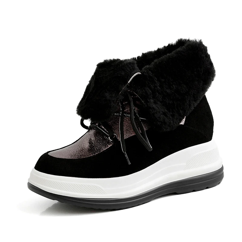 Зимние сапоги из натуральной кожи сапоги на плоской подошве на платформе Для женщин зимние теплые ботильоны на шнуровке; повседневная женская обувь; большие размеры 42, 43 - Цвет: Черный