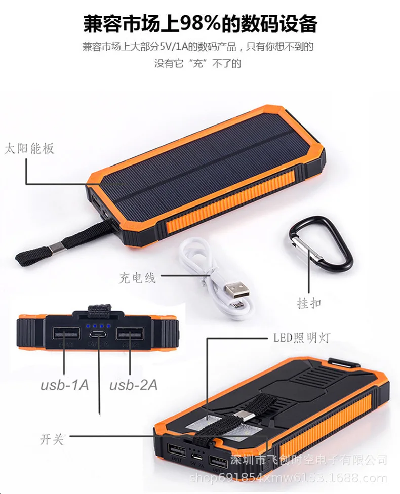 Solar Charging Unit 12000 Miliamps Mobile Power Double USB Output Portable Battery for Mobile Phones Outdoor Charger