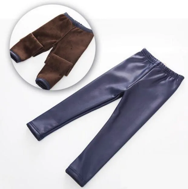 Navy Blue Детские зимние плотные флисовые леггинсы из искусственной кожи детские теплые кожаные штаны с эластичной резинкой на талии для девочек Однотонные Стрейчевые брюки размер 100-150 - Цвет: Navy Blue