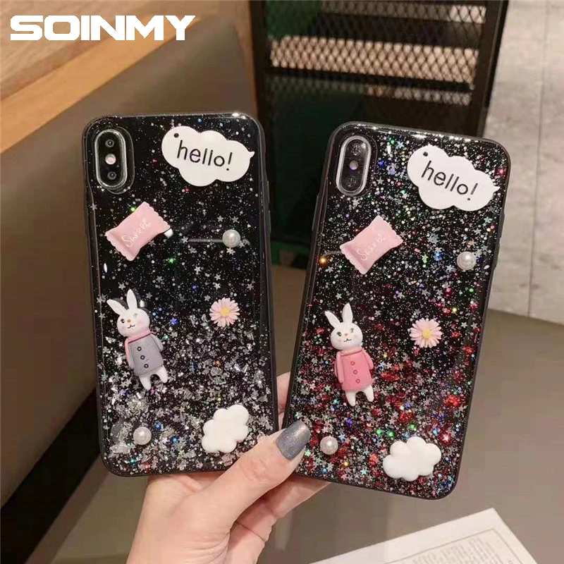 

Glitter Dynamic Liquid Rabbit Phone Case For iphone XS MAX XR XS Cut cartoon Animal Back funda for iphone 6 6s 7 8 plus X Coques