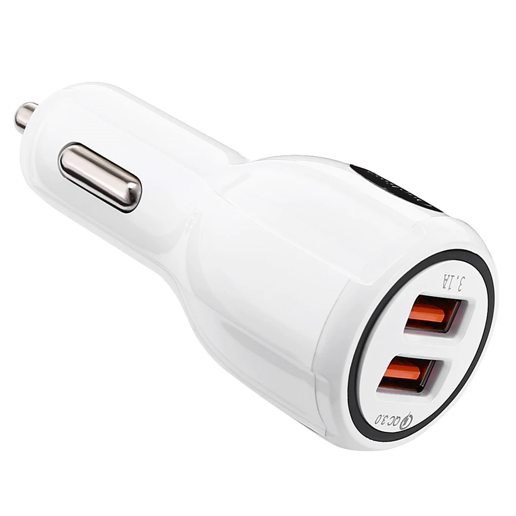 White, Car Charger QC3.0 USB Dual Ports Car Charger Fast Charging Universal
