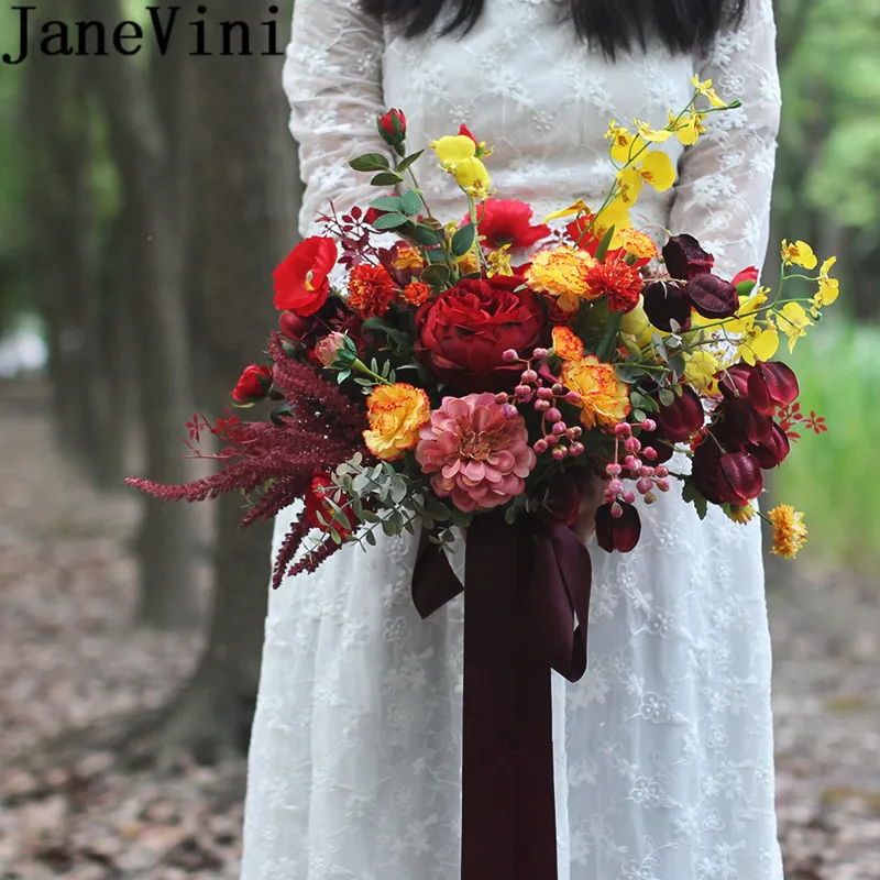 JaneVini Ретро красный желтый Свадебный букет невесты Шелковый цветок фотография