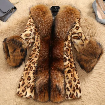 

20199 Faux Fur Teddy Coat Imitate Raccoon Hair Lead Classic Leopard Print Long Fund Woman Overcoat Manteau Femme Hiver Plus Size