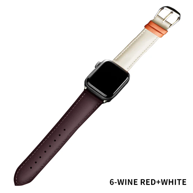 Real Leather Strap for Apple watch 76 se 44MM 40MM Business Band Watchband Bracelets Smart iWatch Series 543 42MM 38MM 45mm 41mm Wine red with white