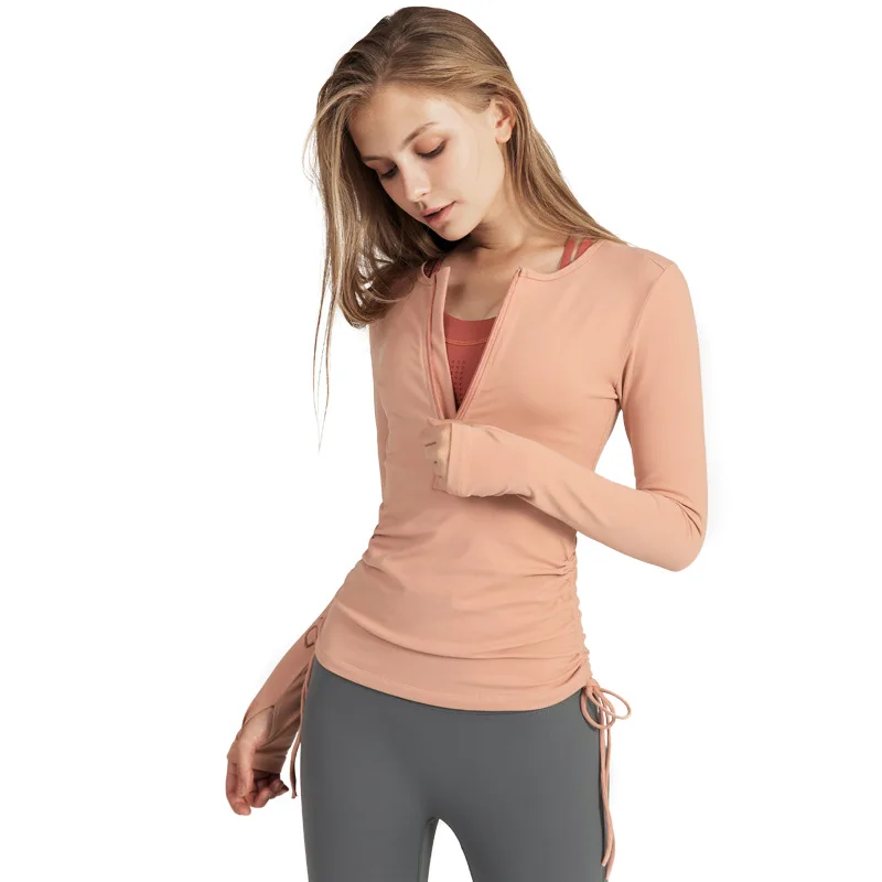 

Autumn and Winter Drawstring Yoga Clothing Jacket Slimming Quick-drying Running Zipper Sports Fitness Clothes Women Long Sleeves