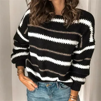 

Womens Color Block V Neck Long Sleeve Sweater Loose Knitted Pullover Jumper Tops Ladies Casual Autumn Spring Fashion Clothes