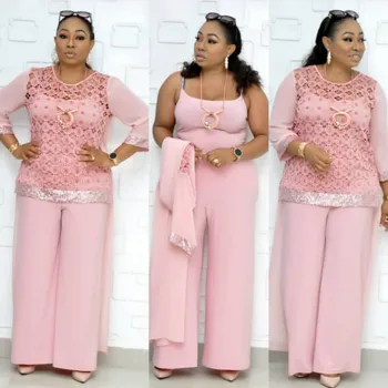 

3XL Plus Size 3 Piece Sets 2020 Spring Autumn Pure Color O-Neck Sequins Top And Long Pants Suit Casual Women Set With Suspenders