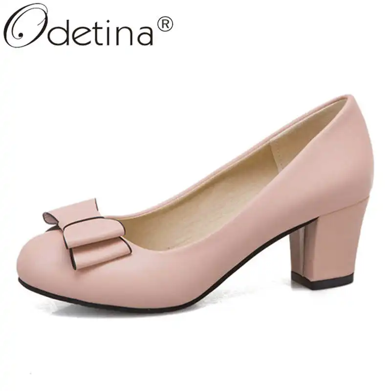 

Odetina Women Fashion Round Toe Bow Sweet Dress Shoes Female Elegant Pull On Office Lady Block High Heel Non-slip Party Shoes
