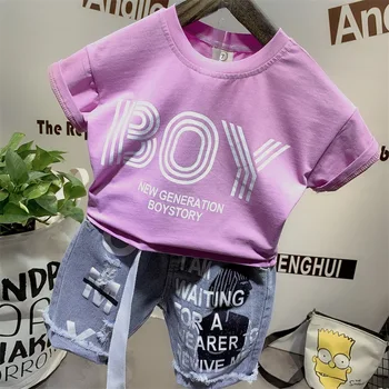 

2PCS WLG Boys Outfits Kids Summer Letter Short Sleeve T Shirt and Denim Holes Set Baby Boy Fashion Clothes for 2-6 Years