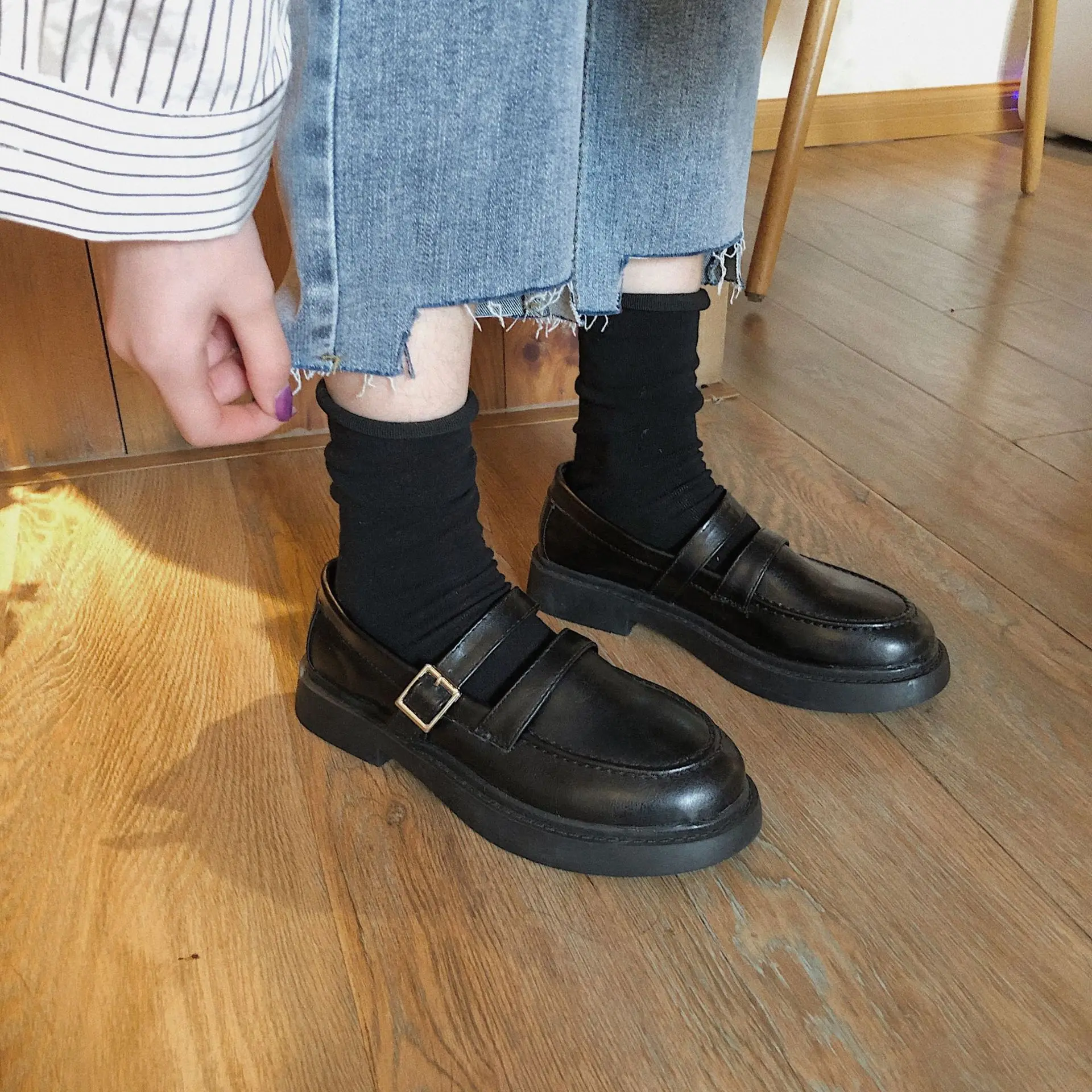 

Shoes Women's 2019 New Style Autumn British Style Students Small Leather Shoes Women's Belt Buckle Low-Cut Flat Top Shoes Women'