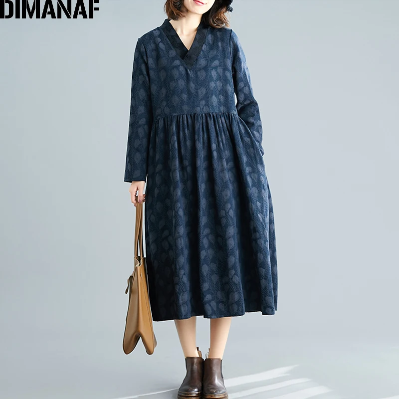  DIMANAF Plus Size Women Dress Long Sleeve Autumn Winter Pleated Elegant Lady Vinatge Jacquard Vesti