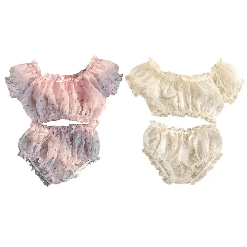 

Womens French Retro Ruffle Lingerie Set Floral Print Off Shoulder Crop Top Bowknot Pumpkin Shorts Sexy Chiffon Underwear