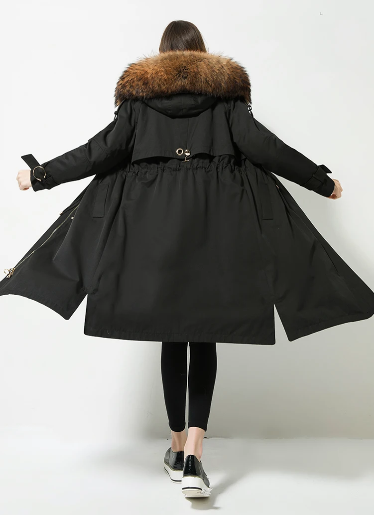 Fur Parkas Highstreet Real Raccoon Fur Collar Hooded Rabbit Fur Lining Long Coat Women Winter Casual Drawstring Waist Outwear