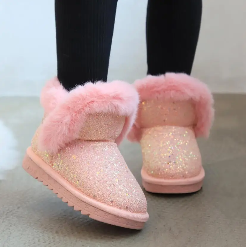 Модные зимние детские ботинки; толстые детские кожаные теплые плюшевые модные ботинки; ботинки для девочек с мягкой подошвой; зимние лыжные ботинки для малышей - Цвет: Pink