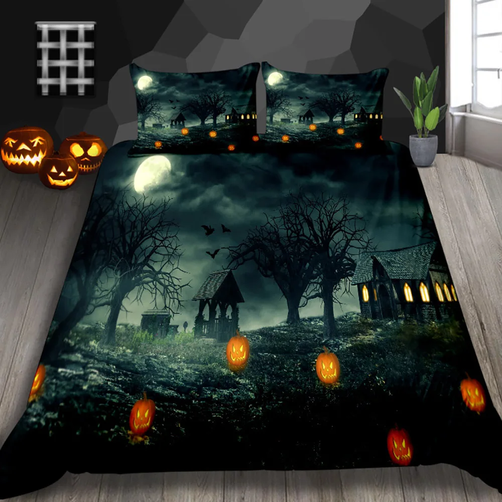 

Thumbedding Halloween Style Bedding Set King Fashion Gloomy Village Print Duvet Cover Queen Full Twin Single Double Bed Set