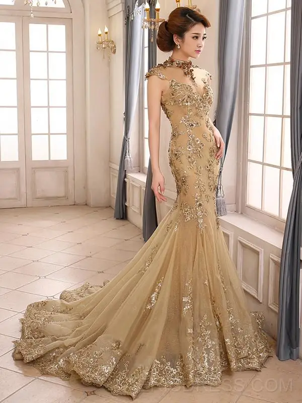 Vestido de festa, коллекция года, длинное Золотое вечернее платье русалки, новинка, с высоким воротом, с аппликацией, кружевное платье для выпускного вечера, с открытой спиной, платья для матери невесты - Цвет: Золотой