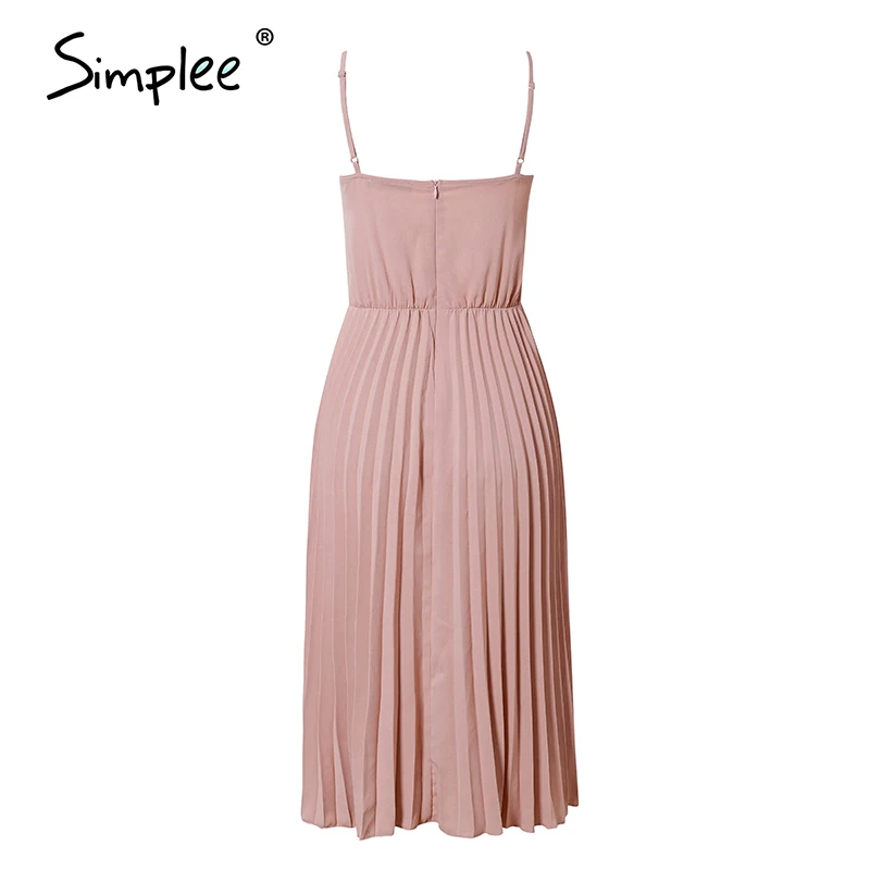 Simplee Sexy v-neck women party dress Elegant spaghetti strap female pleated office dress Solid female pink midi summer dresses