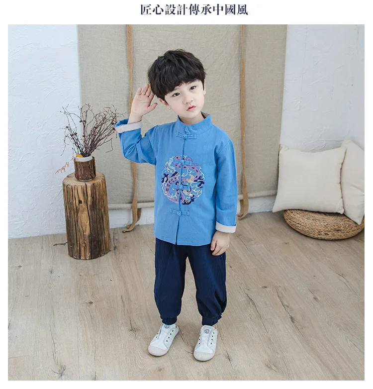 2-8Yrs с вышивкой «восточные одежда с драконом, Комплект для мальчика, Топы с длинными рукавами и штаны, костюмы для детей, Демисезонный осень в стиле костюма эпохи Тан наборы для ухода за кожей