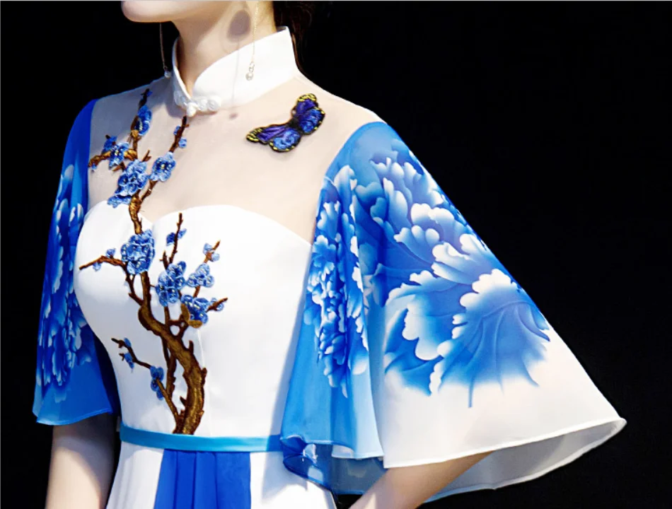 Китайский Улучшенный чёнсам Vestidos женский тонкий Qipao элегантный платок длинное вечернее платье guzheng сценические шоу