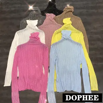 

2019 Autumn and Winter New Full of Stars Water Drill Candy Color Knit Sweater Women High-collar Stretch Undershirt Knitwear