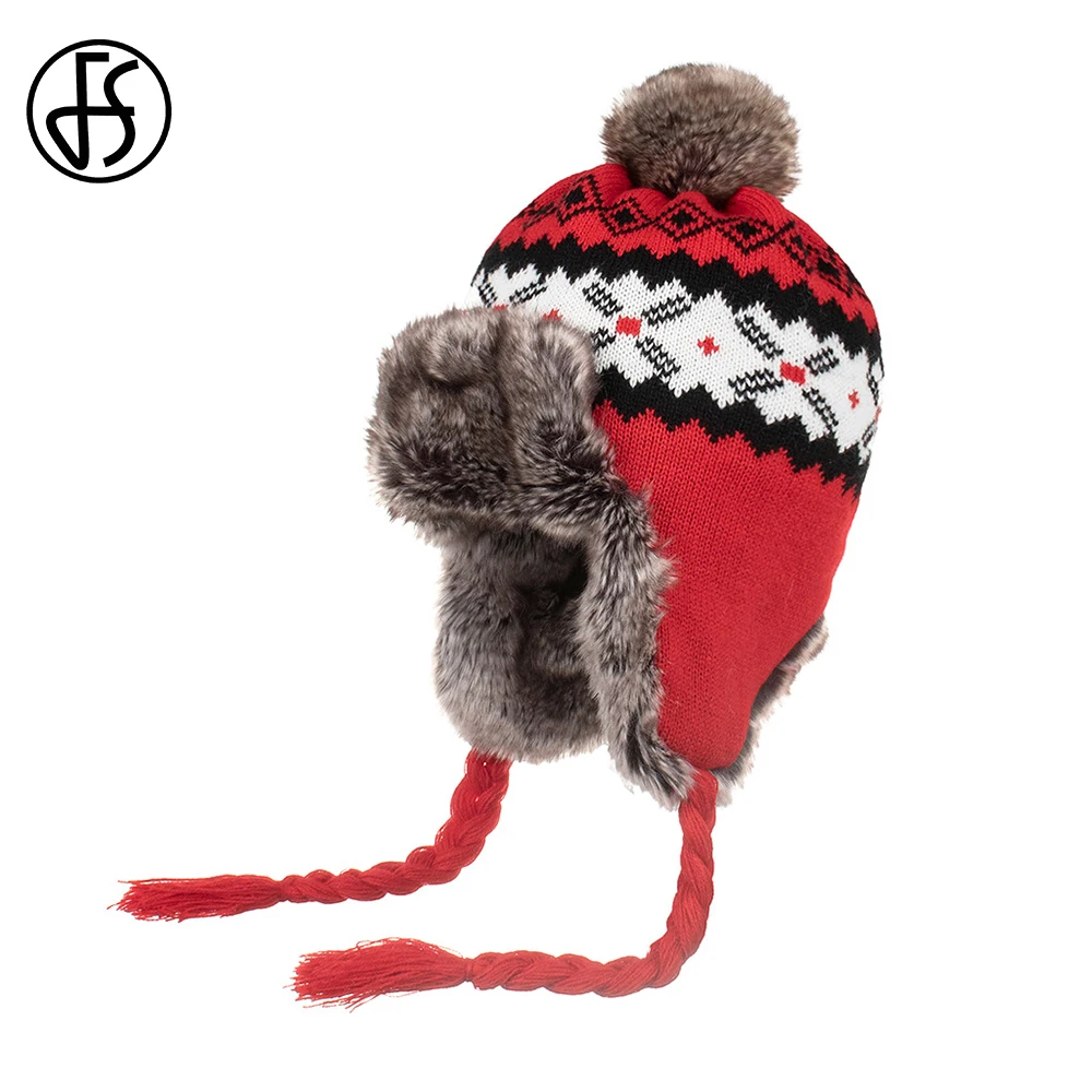 Winter Hat Earflap Hat FS Red Winter Woolen Trapper Bomber Hats For Men Women Warm Snow Earflap Hat With Fur Pompom Outdoor Windproof Russian Cap