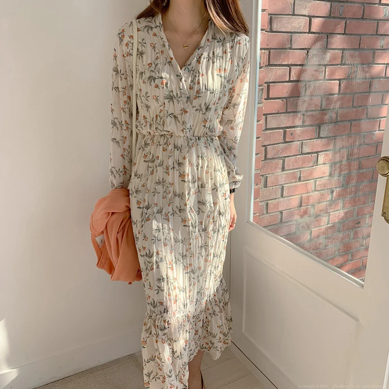 

Elegant Ruched Floral Print Women Summer Dress Sexy V-neck Full Sleeve Female Long Dresses 2019 Summer Chiffon Vestidos