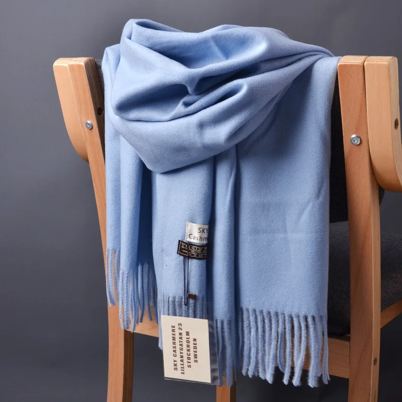 Light blue Кашемировые шарфы с кисточками Женские однотонные пончо женский зимний шарф-одеяло Теплые Мягкие плотные длинные женские пончо розовые - Цвет: Light blue