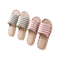Striped Linen Four Season Indoor Slippers Women Cotton Non-slip Soft Bottom Home Wood Floor Sandals Couple Flip Flops Slides 1