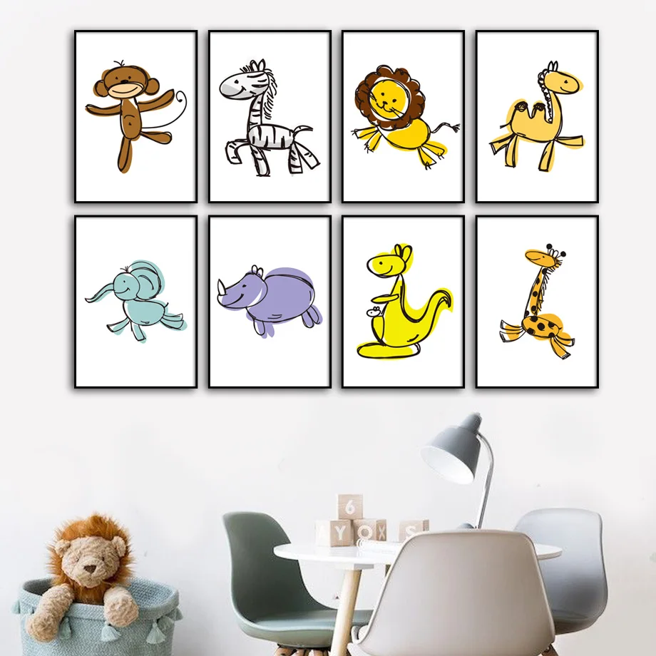 Лев носорог слон кенгуру верблюд для детской комнаты настенное искусство холст