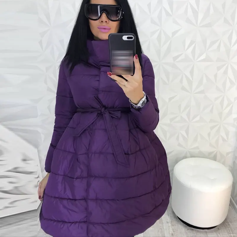 Winter Coat Women Skirt Parka Fashion Bowknot Waist Medium Long Stand Collar Cotton Padded Warm Jacket Chaqueta Mujer Invierno