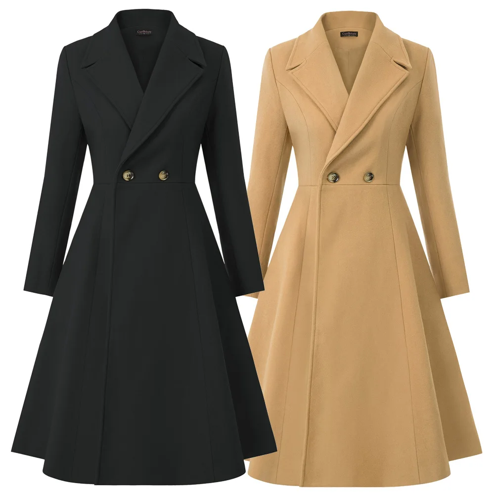 Для женщин элегантные теплые, зимние, шерстяные пальто из смешанной хлопковой ткани Тренч пальто с длинным рукавом с воротником с бортами, шерстяное куртка
