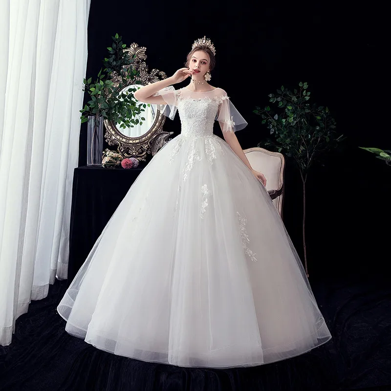 Vestido De Noiva элегантное простое кружевное свадебное платье с аппликацией вырез лодочкой короткий расклешенный рукав размера плюс свадебное платье Robe De Mariee 30