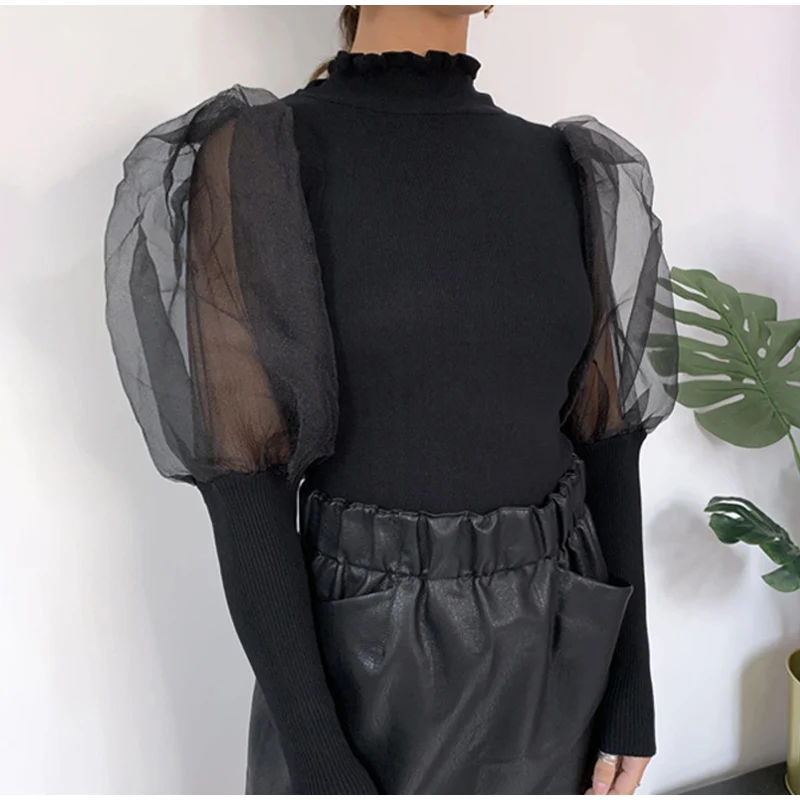 Women Bodysuits Solid Knitted Ruffled Neck Sexy Female Bodysuit Mesh Puff Sleeve Patchwork Slim Fashion Ladies Overall Clothes