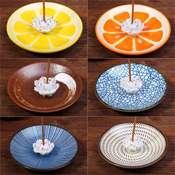 

Ceramic Crafts Round Shape Incense Base Dish Aromatherapy Burner Stick Incense Holder with Lotus Decorated Stand Home Decor