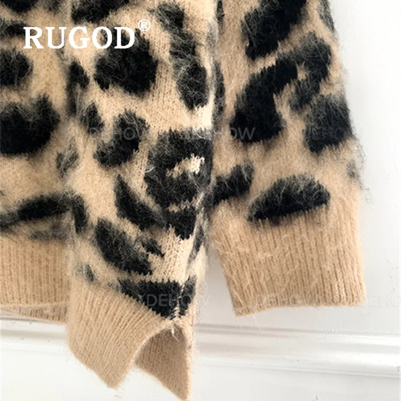 Свитер женский RUGOD, модный свитер с леопардовым принтом, женский толстый теплый мохеровый вязаный пуловер с круглым вырезом, осенне-зимний свитер для женщин кофта женская