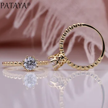 

PATAYA New Princess Rings 585 Rose Gold Round White Natural Zircon Wedding Party Women Fashion Jewelry Cute Hollow Fine Rings