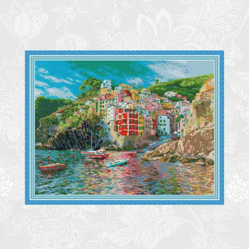 

Joy Sunday Cross-stitch kits, DIY Needlework Embroidery Suit, The Seaside Town Count Printed on Canvas 14CT and 11CT