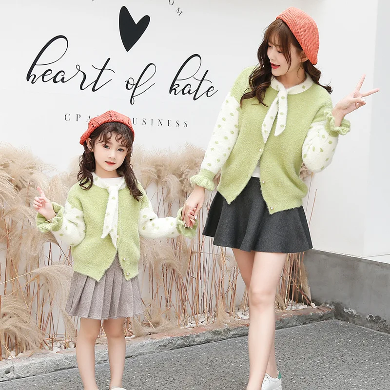 

2019 New Style Princess Kids' Sweater Parent And Child Case Girls Autumn Clothing Cardigan Big Boy Dotted Sweater Childrenswear