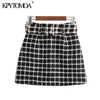 

Vintage Stylish With Belt Plaid Tweed Mini Skirt Women 2020 Fashion A Line Back Zipper Office Wear Skirts Casual Faldas Mujer