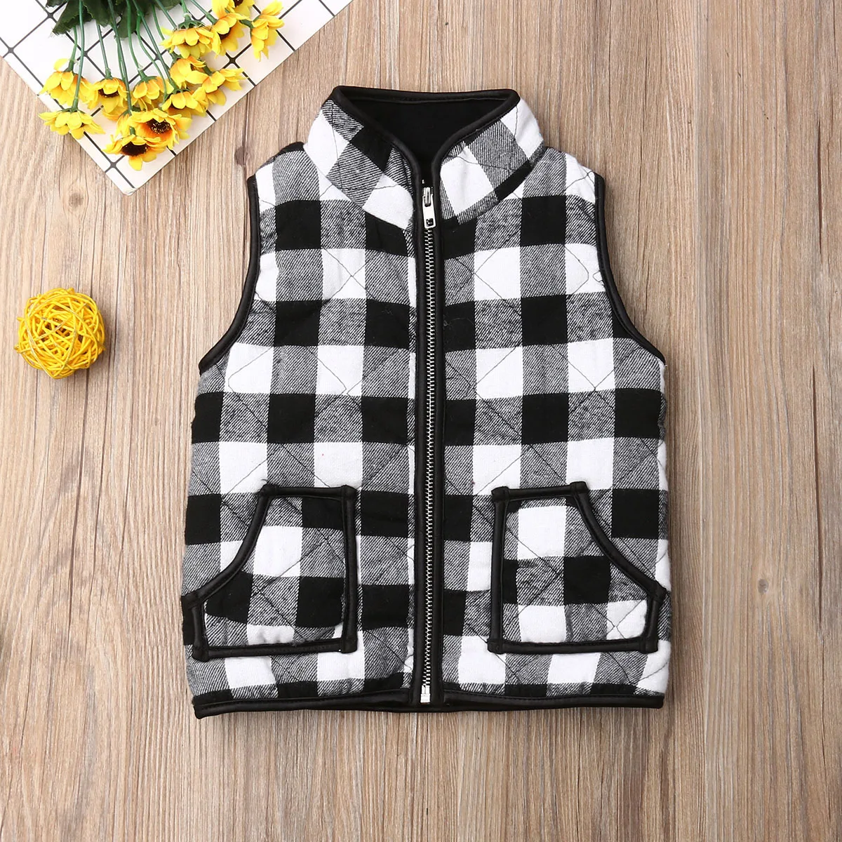 Toddler Unisex Baby Girl Boy Plaid Zipper Jacket Kids Sleeveless Winter Warm Waistcoat Vest Pocket Coat Chritmas Tops 