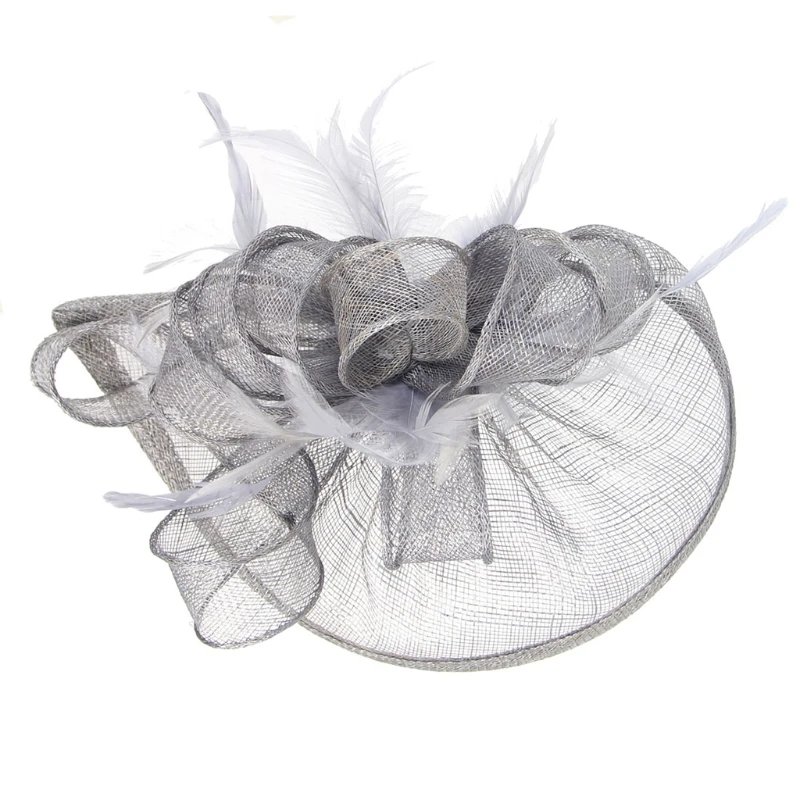 Women Wedding Hat Fascinator Feather Mesh Party Cocktail Headdress Hair Clip New 634D - Цвет: GY