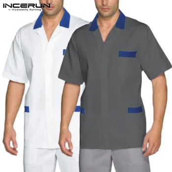 

2020 Men Uniform Short Sleeve Lapel Solid Shirts Man Casual Baggy Patchwork Shirt Summer Breathable Loose Work Clothes Plus Size