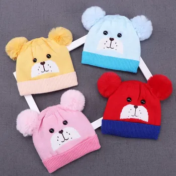 

Baby Caps Beanies Warm Wool Cartoon Bear Baby Knitted Hat With Plus Balls for Toddler Newborn Infant Girls Boys Winter Cap 0-6M